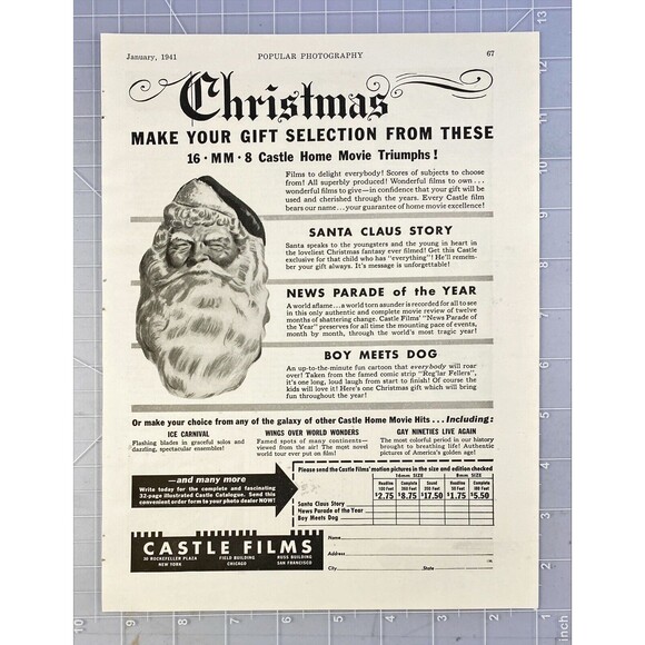 Castle Films "Santa's Christmas Movie Gift Selection" Vintage Print Ad 1941 - Picture 2 of 3